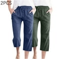thumbnail image 1 of ibuvkizy Cotton Linen Capris Pants for Women Wide Leg Pants Woman,2PC Fashion Womens Casual Solid Color Elastic Loose Pants Straight Wide Leg Trousers with Pocket, 1 of 8