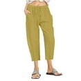 thumbnail image 1 of ibuvkizy Cotton Linen Capris Pants for Women Wide Leg Pants Woman,Summer Casual Drawstring Elastic High Waist Pants with Pockets Solid Loose Cropped Wide Leg Trousers Yellow L, 1 of 5