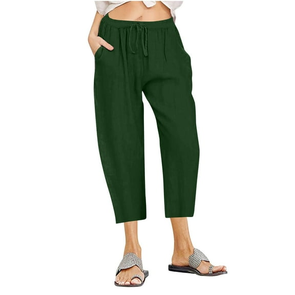 ibuvkizy Cotton Linen Capris Pants for Women Wide Leg Pants Woman,Summer Casual Drawstring Elastic High Waist Pants with Pockets Solid Loose Cropped Wide Leg Trousers Army Green L