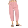 thumbnail image 1 of ibuvkizy Cotton Linen Capris Pants for Women Wide Leg Pants Woman,Summer Casual Drawstring Elastic High Waist Pants with Pockets Solid Loose Cropped Wide Leg Trousers Pink XXXXXL, 1 of 5
