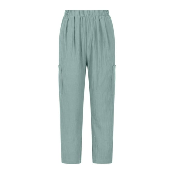 ibuvkizy Cotton Linen Pants for Women Clearance Elastic Waist Straight Leg Pants Casual Solid Color Loose Comfy Lounge Trousers with Pockets Green,S