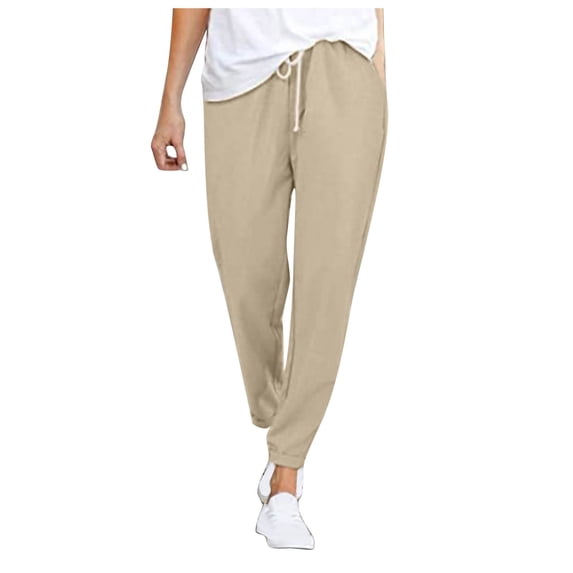 ibuvkizy Cotton Wide Leg Pants for Women Casual High Waist Straight Trousers Solid Cotton Linen Drawstring Elastic Waist Long Pants with Pockets Khaki L