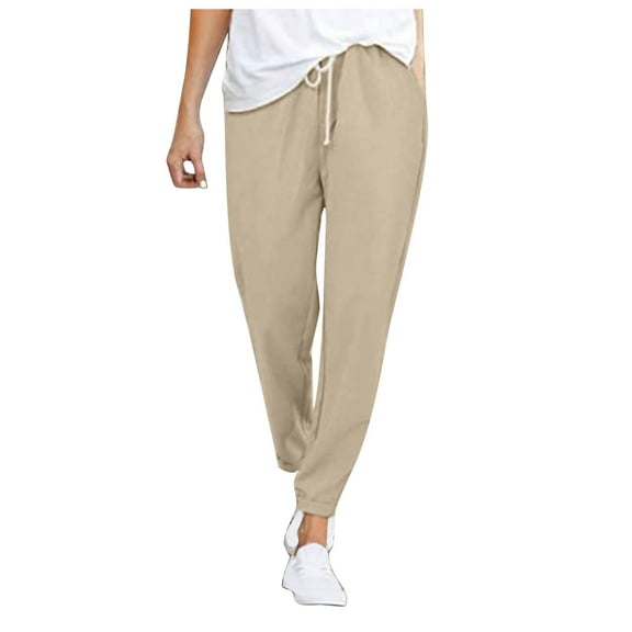 ibuvkizy Cotton Wide Leg Pants for Women Casual High Waist Straight Trousers Solid Cotton Linen Drawstring Elastic Waist Long Pants with Pockets Khaki XXL