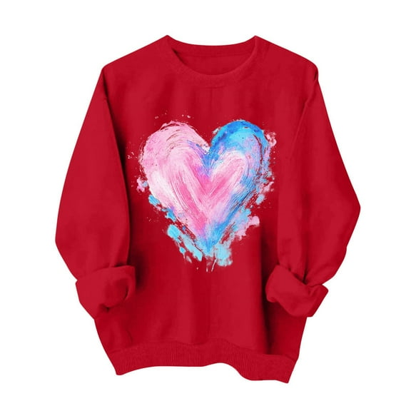 ibuvkizy Cute Heart Sweatshirt for Women Valentines Day,Round Neck Fall Winter Valentines Day Cute Printed Sweatshirts Long Sleeved Tops Red,XS
