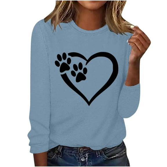 ibuvkizy Cute Heart Sweatshirt for Women Valentines Day,Printed Round Neck Pullover Long Sleeved Casual Womens Sweatshirts Light Blue,XL