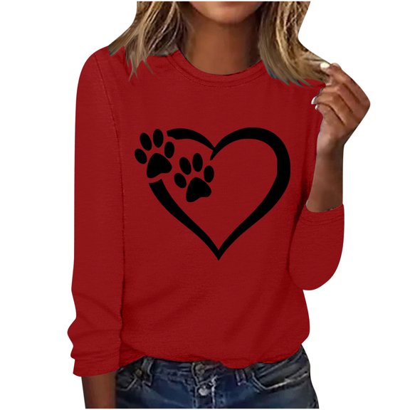 ibuvkizy Cute Heart Sweatshirt for Women Valentines Day,Printed Round Neck Pullover Long Sleeved Casual Womens Sweatshirts Red,L