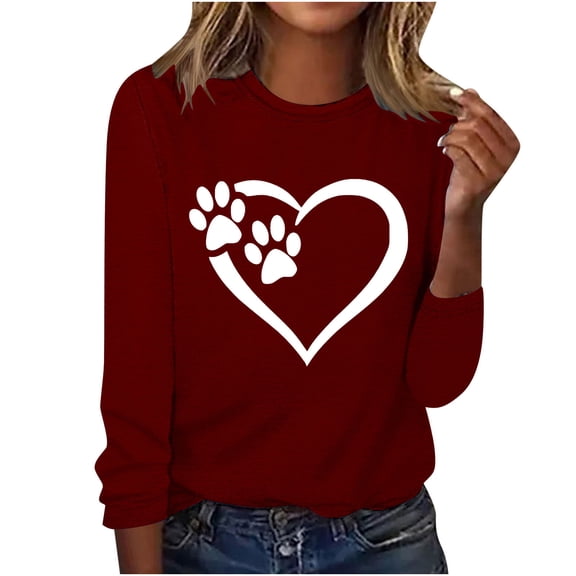 ibuvkizy Cute Heart Sweatshirt for Women Valentines Day,Printed Round Neck Pullover Long Sleeved Casual Womens Sweatshirts Wine,S