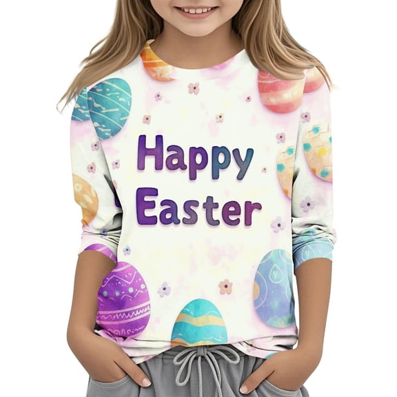 ibuvkizy Easter Tops for Teen Girls!Easter Printed Quarter Sleeve Round Neck Pullover Top for Boys Girls Middle-aged and Adults As A Base Shirt