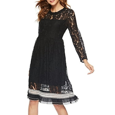 ibuvkizy Fall Midi Dresses for Women 2024 Clearance! Women's Elegant Lace Long Sleeve Round Neck Casual Madi Dress Black,XXXXL