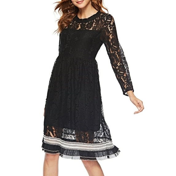 ibuvkizy Fall Midi Dresses for Women, Women's Elegant Lace Long Sleeve Round Neck Casual Madi Dress Black,XXXXL