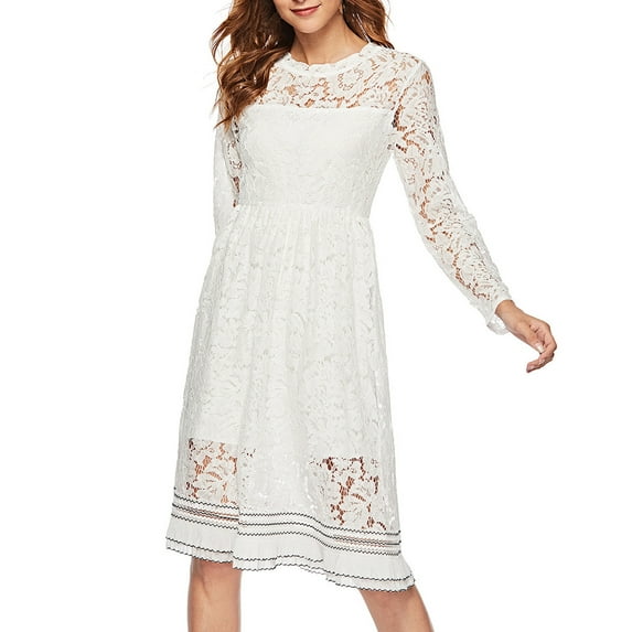 ibuvkizy Fall Midi Dresses for Women 2024 Clearance! Women's Elegant Lace Long Sleeve Round Neck Casual Madi Dress White,M