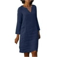 thumbnail image 1 of ibuvkizy Fall Midi Dresses for Women 2024 Clearance! Womens Cotton Linen Dresses Casual Color Dress V Neck Long Sleeve Dresses with Button Navy,M, 1 of 8