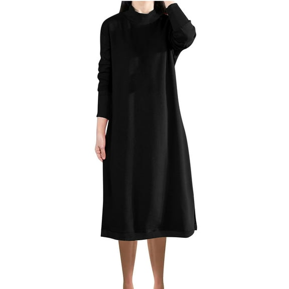 ibuvkizy Fall Midi Dresses for Women 2025 Loose Patchwork Solid Color High Neck Long Sleeved Casual Dresses Black,M
