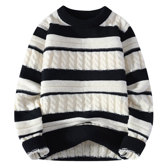 ibuvkizy Fall Sweaters for Men!Men's Knitwear Stripe Splice Round Neck Elastic Pullover Assorted Colors Texture Trend Sweater Coat Black,XXXXL