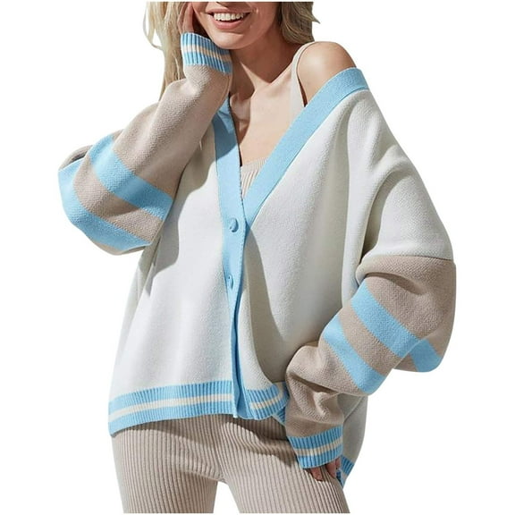 ibuvkizy Fall Sweaters for Women 2025,Wowen Fashion V-Neck Comfy Button Loose Long Sleeve Sweater Patchwork Coat Blue,M