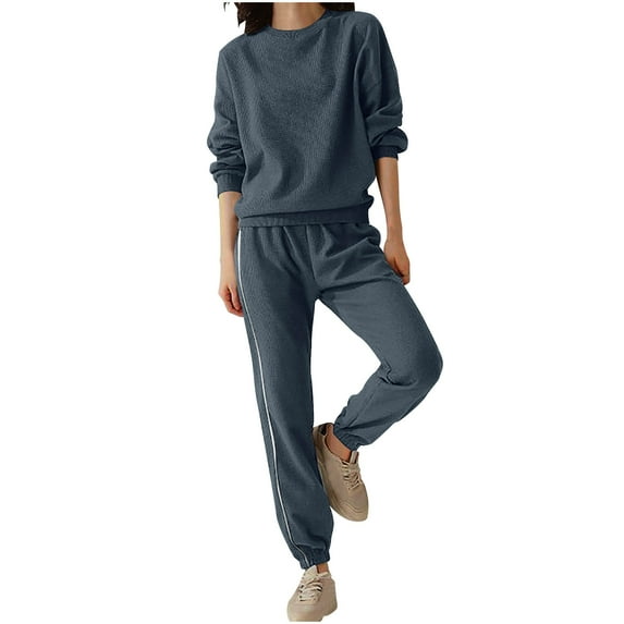 ibuvkizy Fall Two Piece Sets for Women 2025 Early Fall Solid Color Casual Sports Hoodie Corset Pant Suit Long Sleeve Crewneck Blouse/shirt Suit Navy,XXXL