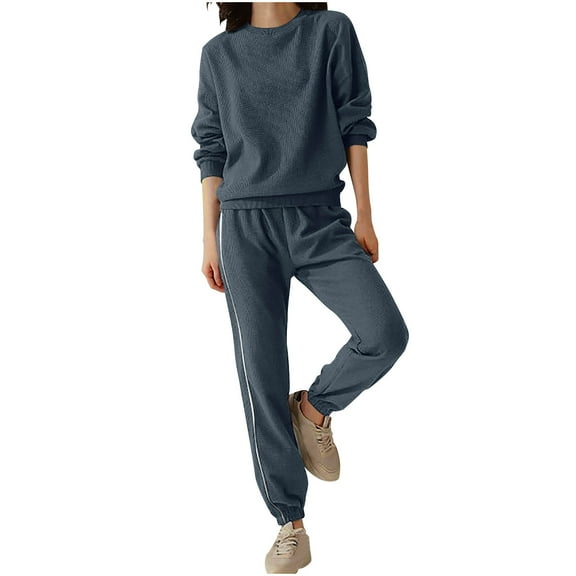 ibuvkizy Fall Two Piece Sets for Women 2025 Early Fall Solid Color Casual Sports Hoodie Corset Pant Suit Long Sleeve Crewneck Blouse/shirt Suit Navy,XXXL