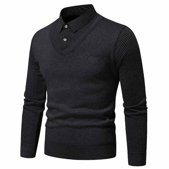 ibuvkizy Fall Winter Sweaters for Men!Men's Casual Vacation Two-piece Sweater Shirt Collar Fashionable Top Knitted Sweater Black,L