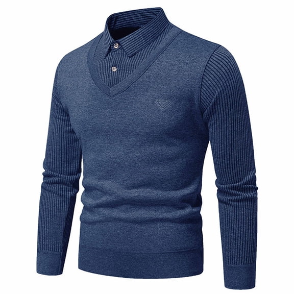 ibuvkizy Fall Winter Sweaters for Men!Men's Casual Vacation Two-piece Sweater Shirt Collar Fashionable Top Knitted Sweater Blue,XXXL