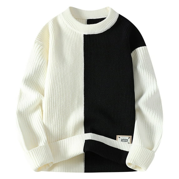 ibuvkizy Fall Winter Sweaters for Men!Men's Colorblock Knit Sweaters Crew Neck Sweaters Long Sleeve Pullover Tops Black,XL
