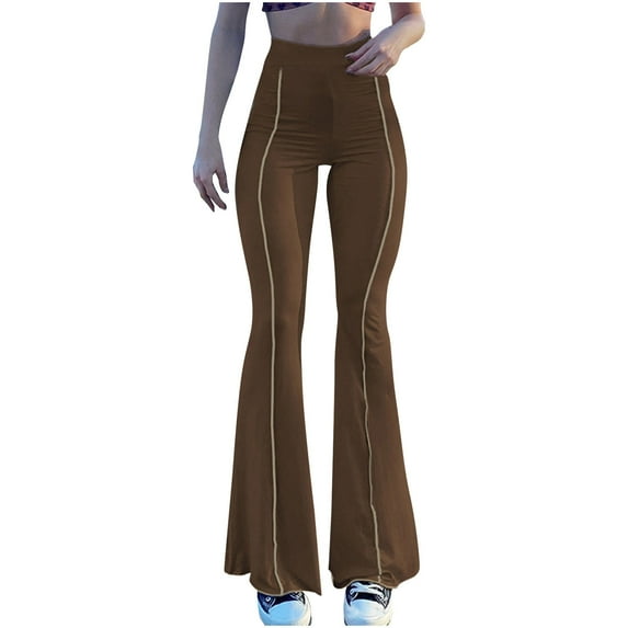 ibuvkizy Flare Leggings for Women,Women's Elastic Casual Solid Color High-Waisted Micro-Cut Pants Women's Stretch Leggings Brown,M
