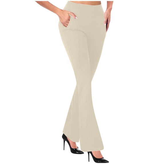 ibuvkizy Flare Leggings with Pockets for Women,Women's Fashion Casual Temperament Solid Color Knitted Pull Slim Flare Trousers Beige,S