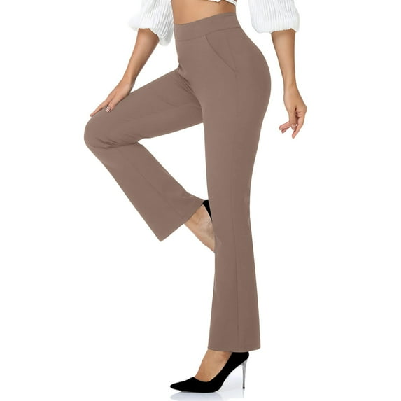 ibuvkizy Flare Leggings with Pockets for Women,Women's Fashion Casual Temperament Solid Color Knitted Pull Slim Flare Trousers Coffee,L