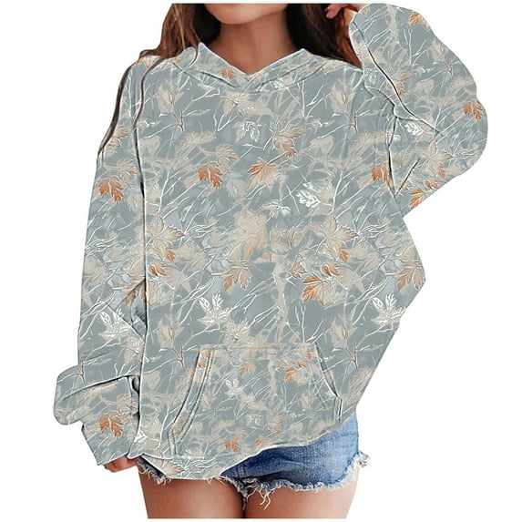 ibuvkizy Girls Hoodies!Graphic Hoodies for Teen Girls and Boys Leaf Print Children's Long Sleeved Hooded Sweatshirt Blue,9 Years