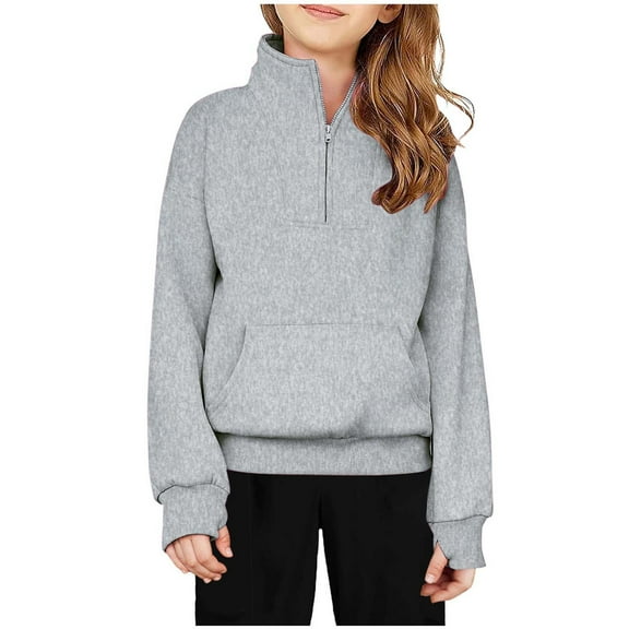 ibuvkizy Girls Hoodies!Middle Big Girls Half Zip Crewneck Sweatshirt Long Sleeve Pullover Tops Crop Tops Kids Fleece Sweatshirts for 5-14 Years,Gray