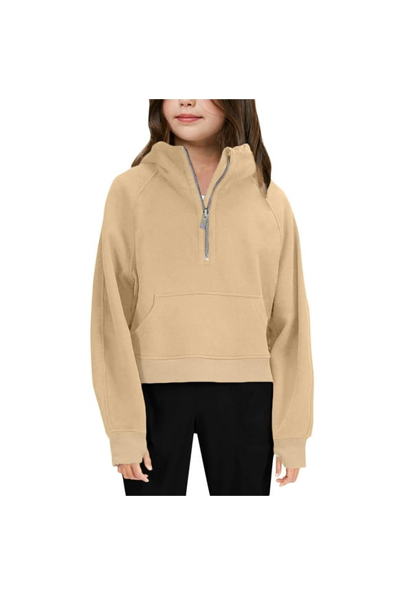 Girls Hoodies Sweatshirts Half Zipper Pullover Crop Tops for Teen Girls Winter Solid Color Long Sleeve Sweater with Pocket