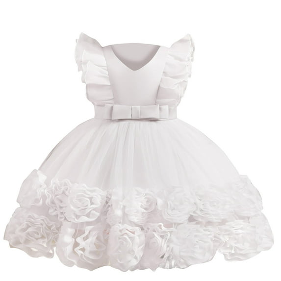 ibuvkizy Girls Summer Dresses Baby Princess Dress Girls' New Sleeveless Ruffled Lace Round-Neck Embroidery Mesh Princess Bow Skirt Toddler Birthday Party Gown Kids Cute