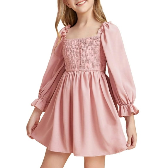 ibuvkizy Girls Summer Dresses Clearance Baby Princess Dress Squares Neck Lantern Sleeve Ruffled Big Swings Dress High Waist Lace Dress for Ages 3-10 Years Old Toddler Birthday Party Gown Kids Cute