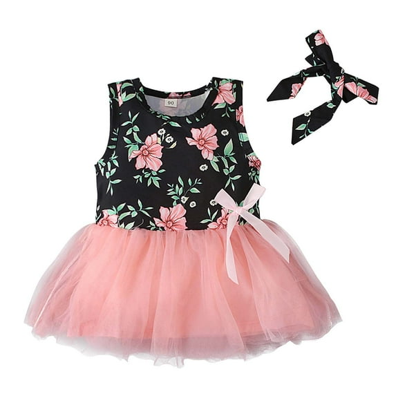 ibuvkizy Girls Summer Dresses Baby Princess Dress Toddler Baby Girls Children Sleeveless Floral Vest Flower Print Bow Lace Mesh Dress Toddler Birthday Party Gown Kids Cute