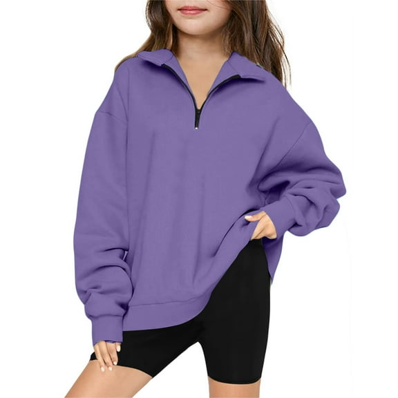 ibuvkizy Girls Sweatshirt!Cute Sweatshirts for Middle Big Girls Half Zip V-neck Sweatshirt Long Sleeve Pullover Tops Kids Fleece Sweatshirts for 5-14 Years,Purple
