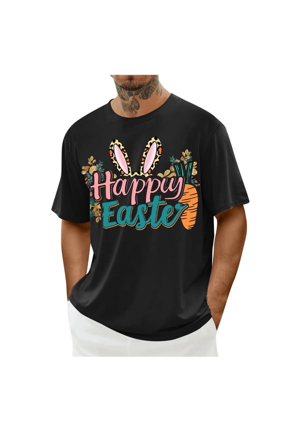 Graphic T Shirts for Men Easter Bunny Printed Short Sleeve Shirt,Men's Casual Short Sleeve Easter Print Crew-neck Top Black,XXL