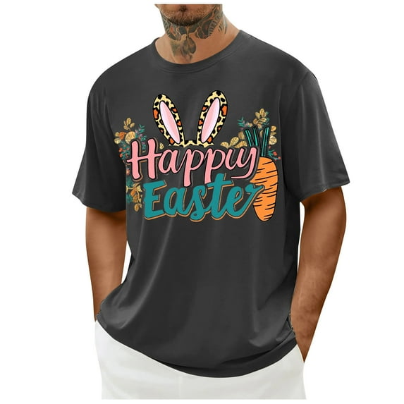ibuvkizy Graphic T Shirts for Men Easter Bunny Printed Short Sleeve Shirt,Men's Casual Short Sleeve Easter Print Crew-neck Top Gray,S