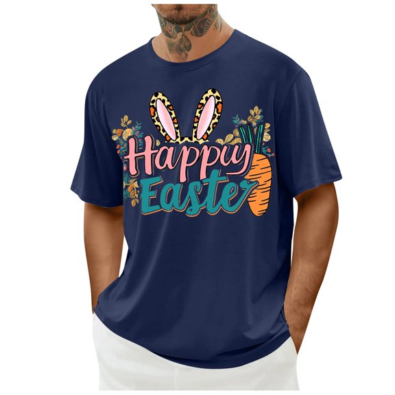 ibuvkizy Graphic T Shirts for Men Easter Bunny Printed Short Sleeve Shirt,Men's Casual Short Sleeve Easter Print Crew-neck Top Navy,M