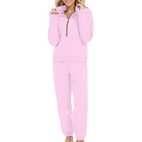ibuvkizy Half Zip Sweatsuits Women 2 Piece Outfit,Women's Loose Casual Sports Zipper Sweatshirt Pocket Sweatpants Two-piece Set Pink,XS