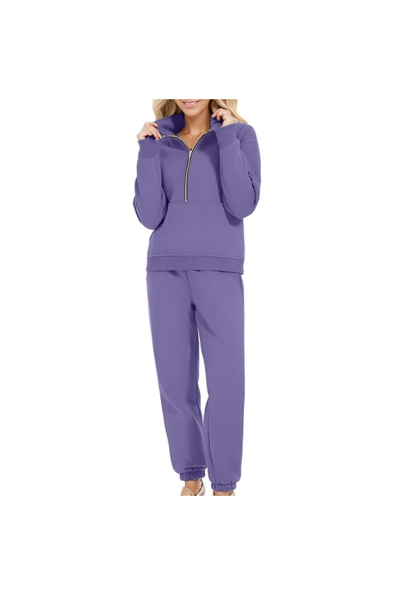 Half Zip Sweatsuits Women 2 Piece Outfit,Women's Loose Casual Sports Zipper Sweatshirt Pocket Sweatpants Two-piece Set Purple,XXXXXL