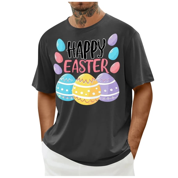 ibuvkizy Happy Easter Shirts for Men Egg Printed Shirts,Men's Casual Easter Print Crew-neck Short Sleeve Top/shirt Gray,L