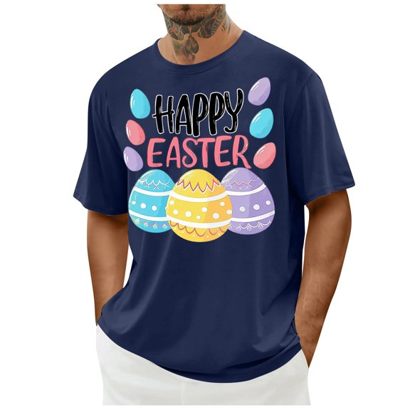 ibuvkizy Happy Easter Shirts for Men Egg Printed Shirts,Men's Casual Easter Print Crew-neck Short Sleeve Top/shirt Navy,S