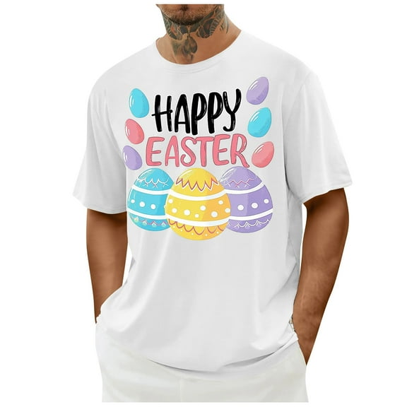 ibuvkizy Happy Easter Shirts for Men Egg Printed Shirts,Men's Casual Easter Print Crew-neck Short Sleeve Top/shirt White,S