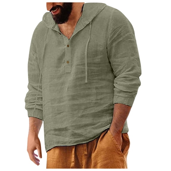 ibuvkizy Hoodies for Mens Sweatshirts Hoodies Men Casual Fashion Button Cotton and Linen Long Sleeve Shirt Blouse Tops Pullover Army Green,M