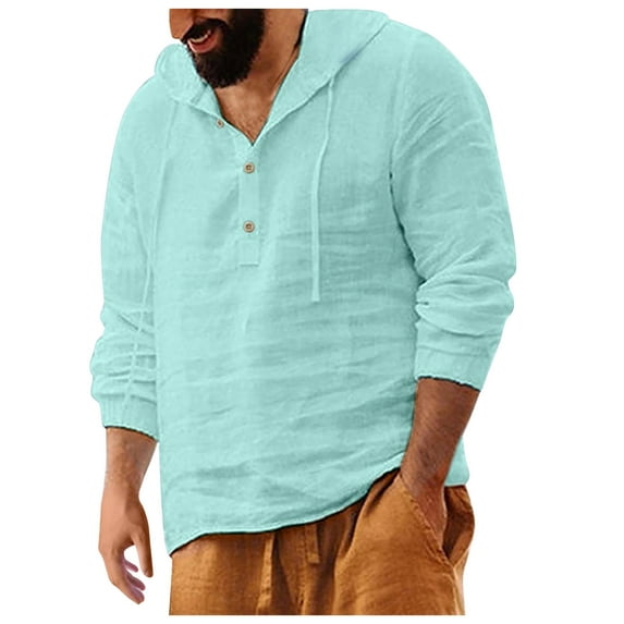 ibuvkizy Hoodies for Mens Sweatshirts Hoodies Men Casual Fashion Button Cotton and Linen Long Sleeve Shirt Blouse Tops Pullover Mint Green,M