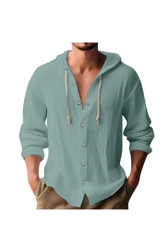 Hoodies for Men Cotton Linen Long Sleeve Button Down Shirt Drawstring Lightweight Hooded Shirts Hoodies Sweatshirt Casual Beach Shirt Tops Light Blue M