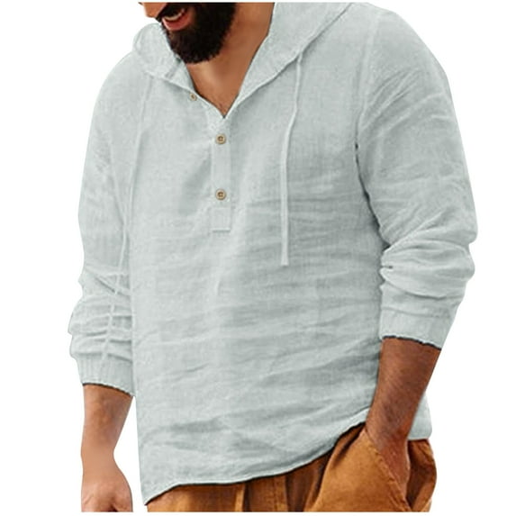 ibuvkizy Hoodies for Mens Cotton Linen Sweatshirt Men Fashion Casual Button Round-Neck Long Sleeve with Hooded Blouse Gray,M