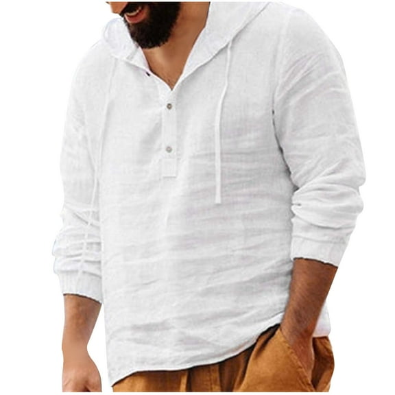 ibuvkizy Hoodies for Mens Cotton Linen Sweatshirt Men Fashion Casual Button Round-Neck Long Sleeve with Hooded Blouse White,L