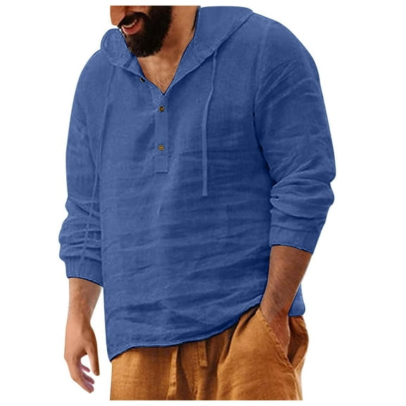 ibuvkizy Hoodies for Mens Sweatshirts Hoodies Men Casual Fashion Button Cotton and Linen Long Sleeve Shirt Blouse Tops Pullover Blue,L