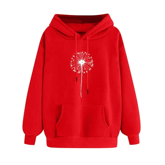 ibuvkizy Hoodies for Women,Women's Print Winter Hoodie Pullover Tops Long Sleeved Comfortable Sweatshirt with Pockets Red,S