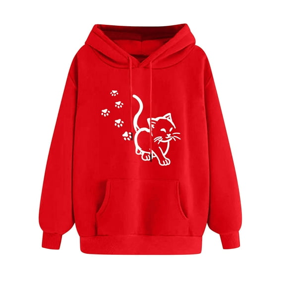 ibuvkizy Hoodies for Women Clearance!Women's Print Winter Hoodie Pullover Tops Long Sleeved Comfortable Sweatshirt with Pockets Red,S